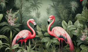 Tropisch fotobehang met roze flamingo’s