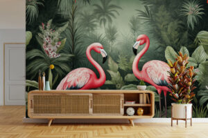 Flamingo’s tussen groene palmbladeren