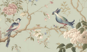 Oosters fotobehang met paradijsvogels en pioenrozen.