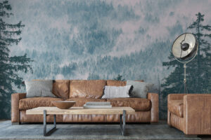 Mistig panorama in blauwgrijs