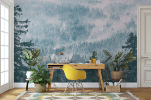 Rustig fotobehang met mistig naaldbos