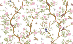 Behang met vogels en pioenrozen in chinoiserie stijl