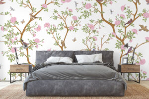 Klassieke wandprint met libellen en roze bloemen