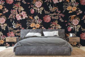 Kraanvogels en pioenen op zwarte achtergrond