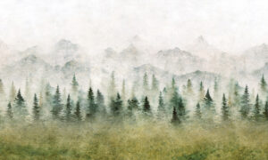 Fotobehang met mistig berglandschap in groene tinten