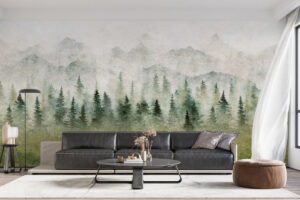 Kalme wandprint met bos en mist